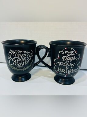 Set of 2 World Market Black Holiday Mugs Double Sided Have Yourself A Merry